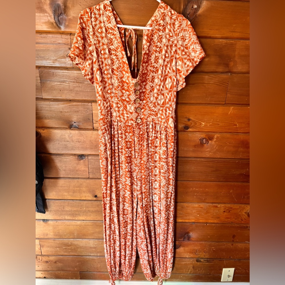 Free People Rust Orange Printed Short-Sleeve Jumpsuit